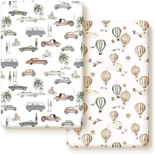Pack n Play Sheets Fitted 2 Pack, Stretchy Ultra Soft Jersey Knit Pack and Play Sheets, Universal Fitted Portable/Mini Crib Mattresses Snug and Safe, Stylish Cars Print for Boys and Girls
