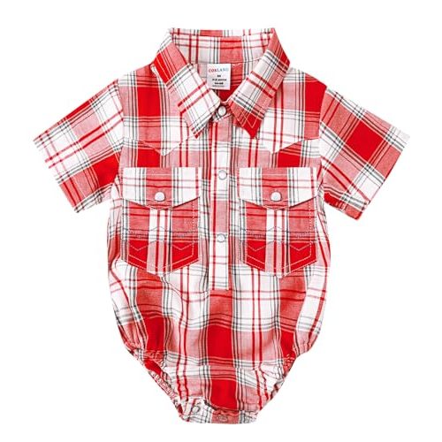 COSLAND Baby Boys' Western Clothes Short Sleeve Cotton Plaid Bodysuit, Infant Cowboy Shirt, 0-18 Months