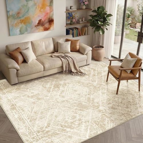 Area Rug 6x9 Rug Machine Washable Non-Slip Low Pile Print Pattern Western Rug for Living Room Bedroom Entryway Tribal Series -Light Pink/Cream