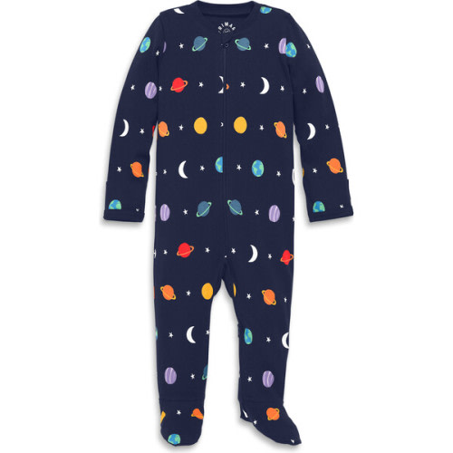 Baby Organic Zip Footie In Rainbow Galaxy, Navy Rainbow Solar System - Primary | Maisonette