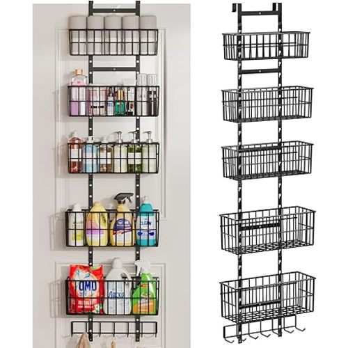 Adjustable Over The Door Organizer, Metal Hanging Door Organizer with 5 Wire Basket 7 Hooks, Wall Mounted Shelf for Pantry Laundry Organization and Storage, Black