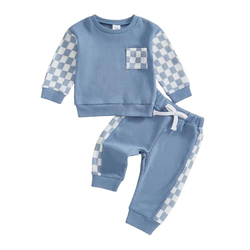 Sejardin Toddler Baby Boy Waffle Clothes Contrast Color Fall Winter Outfit Long Sleeve Sweatshirt and Stretch Pants 2Pcs Set