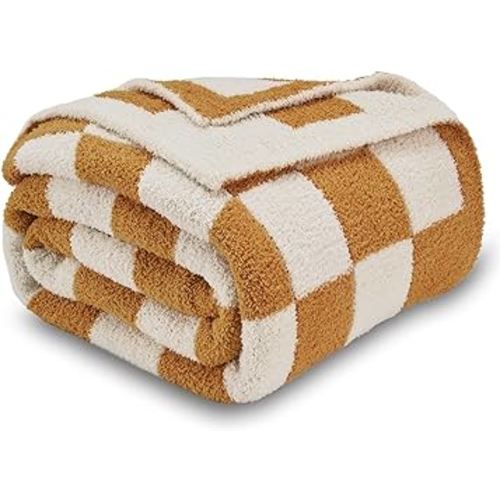 CozeCube Super Soft Fullfy Microfiber Reversible Knitted Blankets, Warm Cozy Fuzzy Plush Throw, Orange and White Checkered Throw Blanket for Couch Bed Sofa, 50" x 60"