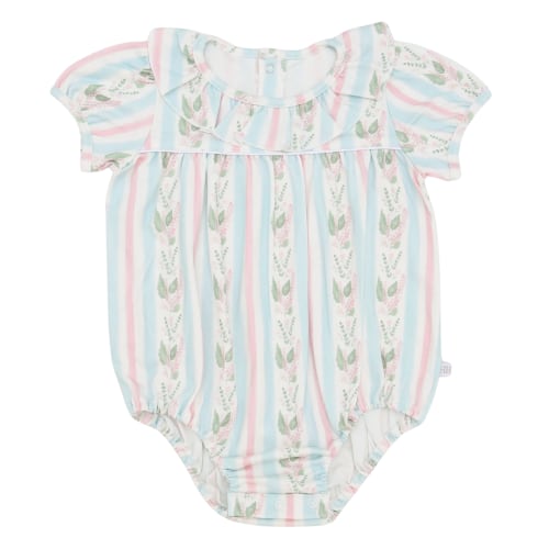 Girls Blue Floral Stripe Cotton Bubble with Ruffle