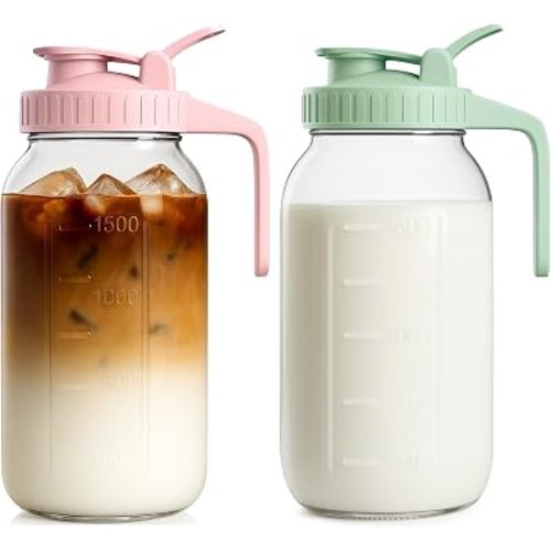 Mason Jar Pitcher Set of 2, 64oz (2quart) Glass Pitcher with Lid for Tea