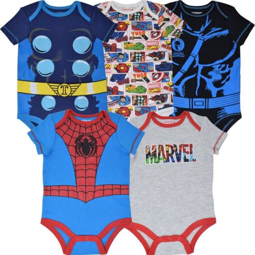 Marvel Avengers Spider-Man Iron Man Hulk Captain America Baby 5 Pack Bodysuits Newborn to Infant