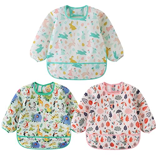 3 Pcs Waterproof Long Sleeves Baby Bibs Weaning Smock Bib 3-24 Months