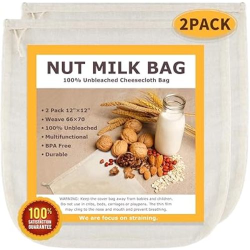 Nut Milk Bags, All Natural Cheesecloth Bags, 12"x12", 2 Pack, 100% Unbleached Cotton Cloth Bags for Tea/Yogurt/Juice/Wine/Soup/Herbs, Durable Washable Reusable Almond Milk Strainer(Weave 66x70)