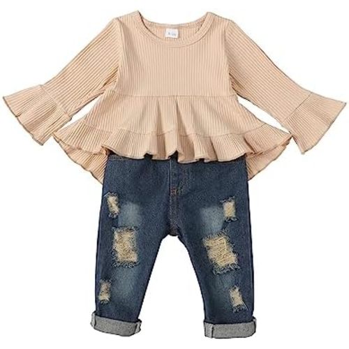 Saeaby Baby Girl Clothes Toddler Girl Fall Winter Outfits Ruffle Shirt Denim Jeans Pants Girls Clothing Set