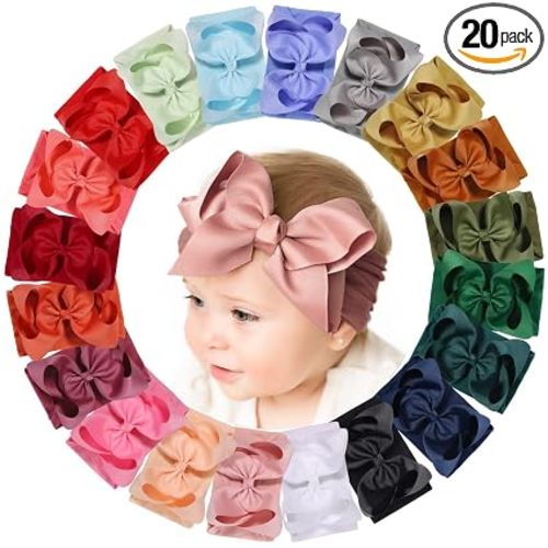 doboi Baby Girl Headbands Set - 20pcs Hair Bows and Nylon Headbands, Big Bows for Infant, Newborn, and Toddler Girls
