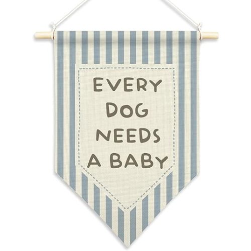 Hiuwevt Funny Every Dog Needs a Baby Wall Art, Dog Nursery Pennant Flag Poster Hanger Frame, Baby Shower Gender Reveal Blue Striped Wall Art Decor for Kids Nursery Room Bedroom Playroom, 11x15 Inch