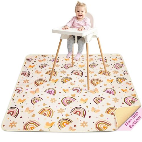 Basumee Splat Mat for Under High Chair, Waterproof & Mess-Proof Floor Mat | 46"×42" Baby Splash Mat, Non Slip Bottom, 4-Layer Fabric, Food & Liquid Catcher, Machine Wash for Boy Girl, Meals, BLW, Craft