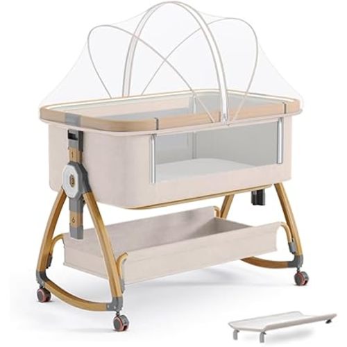 Couffin de chevet pour bébé, berceau de chevet pour bébé, lit de chevet portable 4 en 1 avec roulettes, moustiquaire et panier de rangement, 6 hauteurs réglables en hauteur pour nouveau-né