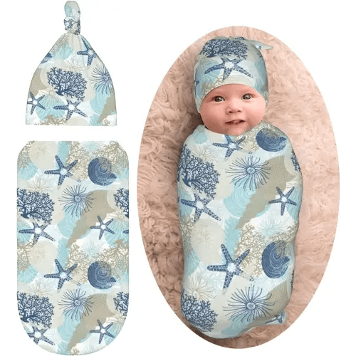 Beach Ocean Starfish Seashell Baby Stuff Newborn Swaddle Blanket Baby Soft Stretchy Blanket with Beanie Hat Gifts for Baby Shower Boy Girl Infant