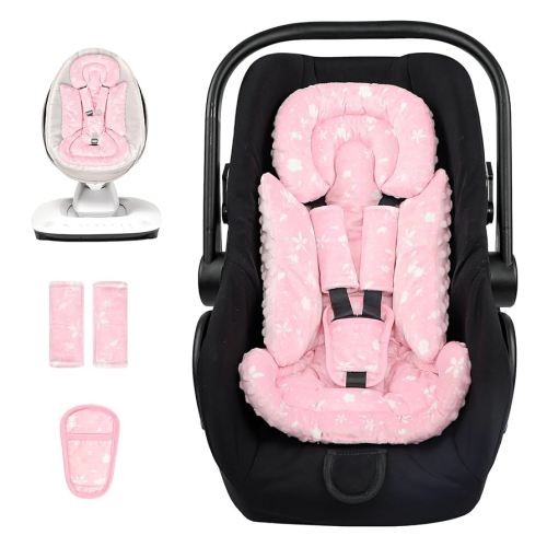 Car Seat Head Support Baby, Soft Infant CarSeat Insert with Strap Covers for Girls, Newborn Insert for carseat, Strollers, Swings, Bouncer, Pink