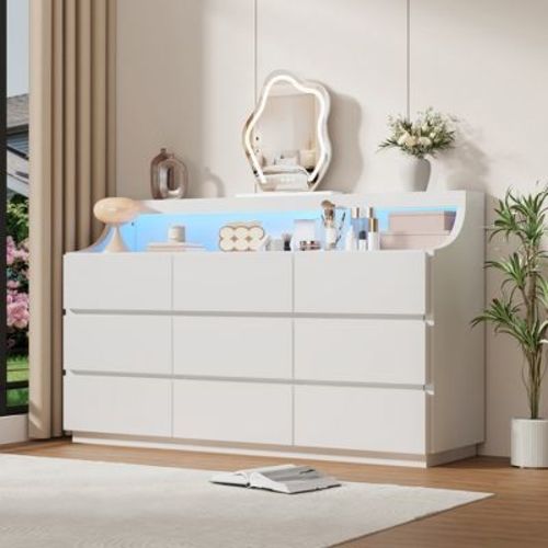 9 Drawer Dresser for Bedroom, 59" Wooden Dresser with LED Lights, Modern Dressers & Chests of Drawers for Living Room Hallway Bedroom