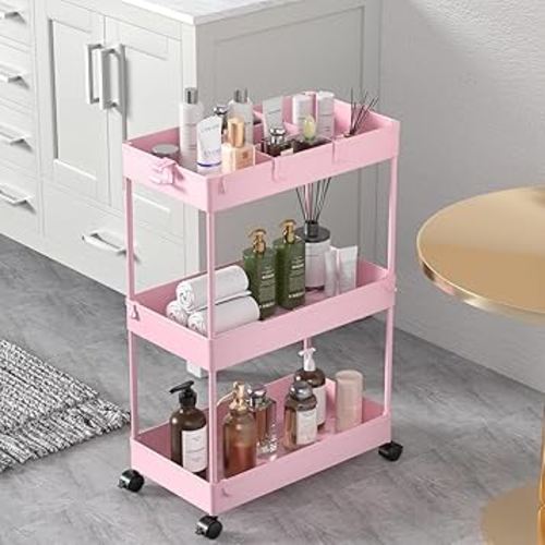 SPACELEAD 3 Tier Rolling Cart with Wheels, Storage Craft Art Trolley Organizer Serving, 3 Hanging Baskets Easy Assembly, for Office, Living Room, Kitchen, Pink