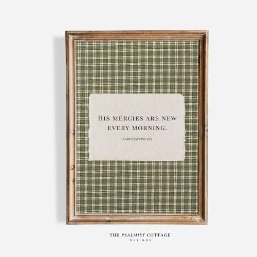 Vintage Green Gingham Christian Printable Wall Art His Mercies Are New Every Morning Striped Bible Verse Rustic Christian Home Decor