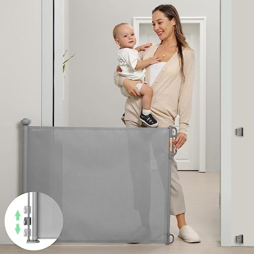 Momcozy Retractable Mesh Baby Gate or Dog Gate, Child Safety Gate for Indoor or Outdoor, 33-inches Tall with up to 55-inches Wide Extension, Avoid Skirting Installation, Grey