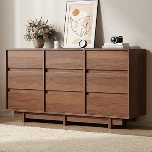 SINROM Walnut Dresser for Bedroom, 59" Wide 9 Drawer Dresser, Mid Century Modern Dressers Chest of Drawers, Wooden Large Dressers for Bedroom, Closet