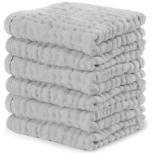 Comfy Cubs Muslin Baby Washcloths 10"x10" 6 Pk - Heather Blue | Soft 6-Layer 100% Muslin Washcloths for Sensitive Skin - Gentle Absorbent Baby Cotton Washcloths for Newborns and Toddlers