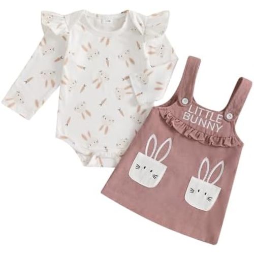 Newborn Baby Girl Easter Outfit Long Sleeve Romper Bodysuit Suspender Skirt Overall Dress My First Easter Outfit