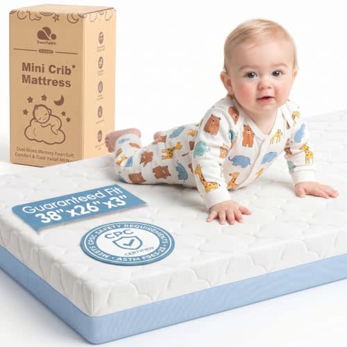 Pack and Play Mattress, Dual Sided Memory Foam 38x26x3 Inch, Blue | Pack n Play Mattress 3 Inch Thick, 4 in 1 Breathable Mini Crib Mattress, Portable Mattress 38x26x3, Playard Playpen Mattress