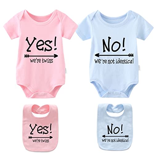 YSCULBUTOL 2 Pack Baby Twins Bodysuits Yes We're Twins No We're Not Identical Infant Romper Twin Unisex Outfits 0-12M