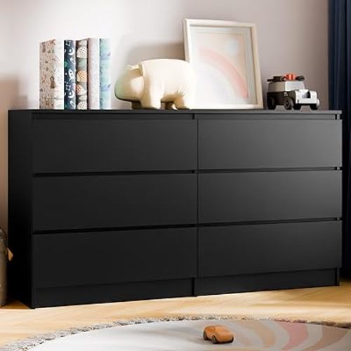 Cozy Castle 52'' Black Dresser for Bedroom, Modern 6 Drawer Dresser, Wood Chest of Drawers with Deep Drawers, Wide Storage Cabinet for Living Room, Hallway Entryway
