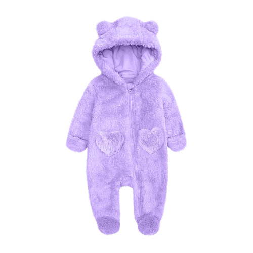dazeni Newborn Baby Fleece Outfit Cozy Fuzzy Fleece Onesie Cute Teddy Bear Hooded Jumpsuit Solid Winter Romper Snowsuit Purple 0 Months