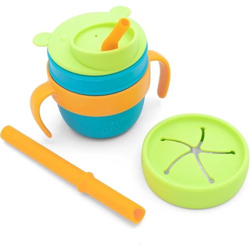 321 Grow Easy Learn Drink and Snack Set – Baby + Toddler Silicone Learning Cup & Snack Set, Training Cup for Straw and Open Cup Independence – Dishwasher Safe (Ocean)