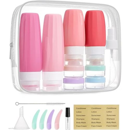 BAGSMART 18 Pack TSA Approved Travel Bottles for Toiletries, Leak Proof Silicone Travel Size Containers Bottles for Shampoo, Rose Pink