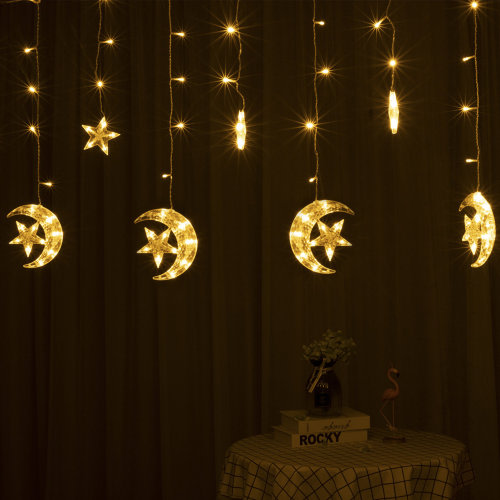 Arlmont & Co. 138 LED Curtain String Light LED Crescents And Stars Transparent Strand 8 Lighting Modes For Wall Curtain Home Decoration & Reviews | Wayfair