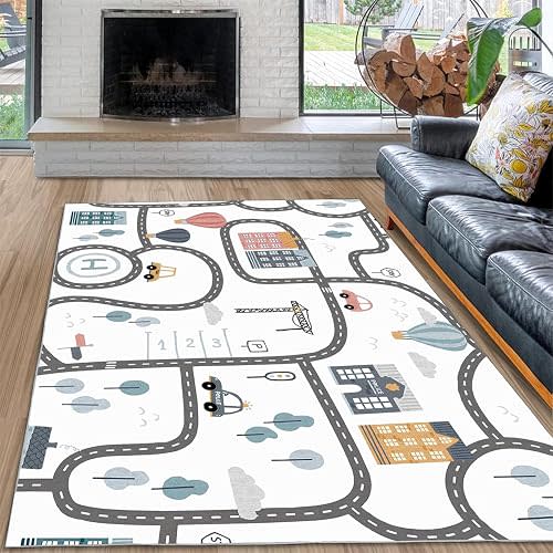 Kids Rug Road Washable Area Rug Living Room Rugs 5x7, Educational Car Printe Floor Carpets for Bedroom, Low Pile Non Slip Rug Home Office Nursery Play Mat