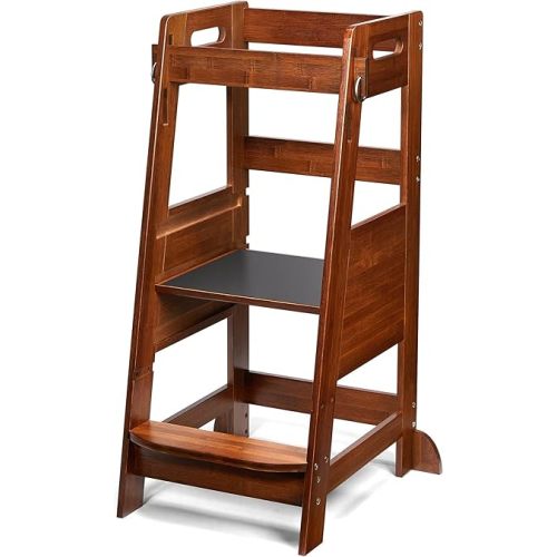 TOETOL Bamboo Toddler Kitchen Step Stool Helper Standing Tower Height Adjustable with Anti-Slip Protection