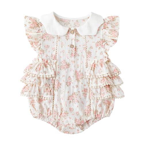 Simplee kids Baby Girl's Romper Floral Print Summer Onesie Peter Pan Collar Button Ruffled Edge Baby Girl Clothes
