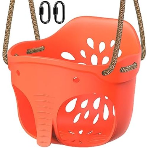 SELEWARE High Back Full Bucket Toddler Swing Seat with Adjustable Rope and Carabiners, Cute Elephant Design, 600lbs Capacity