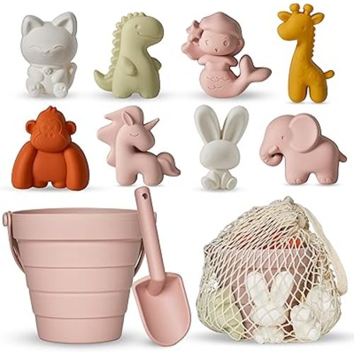 11Pcs Silicone Beach Toys,Collapsible Sand Bucket,Modern Baby Beach Toys,Travel Friendly Beach Set,Silicone Bucket,Shovel,Sand Molds, Beach Bag,Silicone Sand Toys for Toddlers, Kids (Pink)