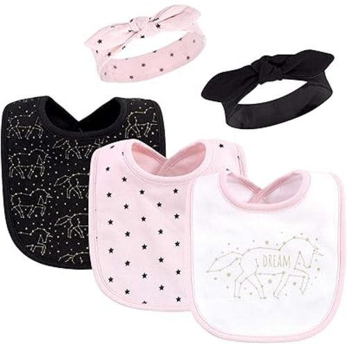 Hudson Baby Unisex BabyCotton Bib and Headband or Caps Set