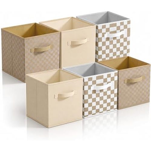 Chunful 6 Pcs 11 Inch Checkered Fabric Cube Storage Bin Brown White Plaid
