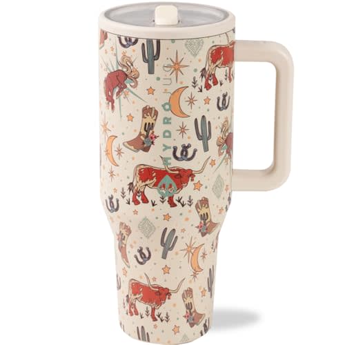 HydroJug Traveler - 40 oz Water Bottle with Handle & Flip Straw - Fits in Cup Holder, Leak Resistant Tumbler-Reusable Insulated Stainless Steel & Rubber Base - Gifts for Women & Men, Rodeo