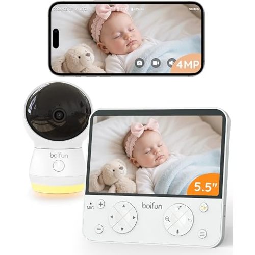 BOIFUN AI Baby Monitor with Camera and Audio, Safety Alerts (Tummy Sleeping & Face Area), WiFi Smartphone APP Control, Colorful Night Light, 2K HD Night Vision, Motion & Cry Detection, Two-Way Talk