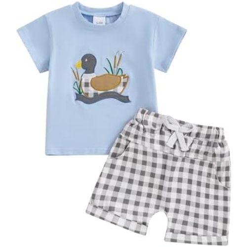 Toddler Baby Boy Hunting Outfit Summer Short Sleeve Mallard Duck T-shirt Checkered Plaid Shorts Two Piece Clothes