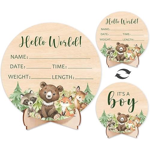 Double-Sided Wooden Newborn Birth Sign, Woodland Animals Baby Announcement Sign, Forest Boy Hello World Name Sign for Hospital, Gift for New Mom Baby Shower, Photography Prop