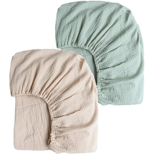 Konssy Muslin Crib Sheets for Girl Boy, 2 PCS Soft and Breathable Cotton Baby Sheets for Standard Crib Mattress, 52"x 28" (Green, Cream)