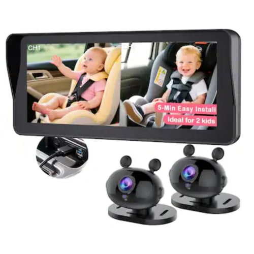 PRIMEPLUS - Dual Baby Car Camera for 2 Kids - 6.9" Split Screen HD Monitor, 1080P & 940nm No-Glow Night Vision, 150° Wide-Angle