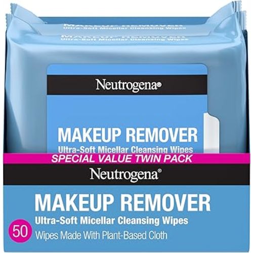Neutrogena Makeup Remover Wipes Micellar Alcohol-Free Face Towelettes Remove Waterproof Mascara & Oil, Compostable 100% Plant-Based Cloth, Dermatologist & Ophthalmologist Tested, Twin Pack 2 x 25 ct