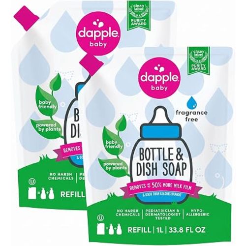 Dapple Refill Pack Baby Bottle and Dish Liquid, Fragrance Free, 33.8 Fluid Ounce (Pack of 2)