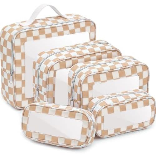 Thinkday 5 Pcs Clear Checkered Toiletry Bag Set for Traveling, Khaki