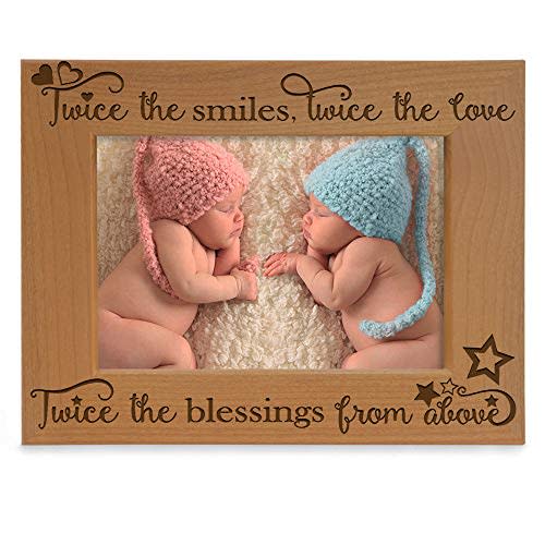 KATE POSH - Twice the Smiles, Twice the Love, Twice the Blessings from above - Engraved Natural Wood Picture Frame - Twins photo frame, Twins gifts for babies, Twins gifts for mom (4x6-Horizontal)